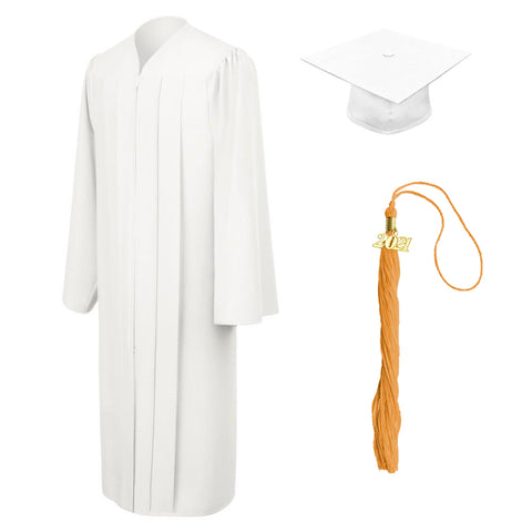 Matte White Graduation Cap, Gown, Orange Tassel 2020 and Orange Stole